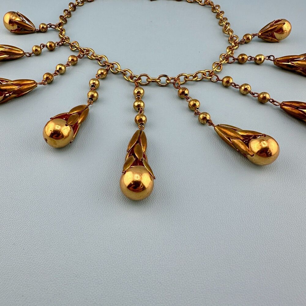 Vintage Art Deco Necklace Fringe Chain Antiqued Gold Tone Etruscan Revival State - Picture 14 of 16